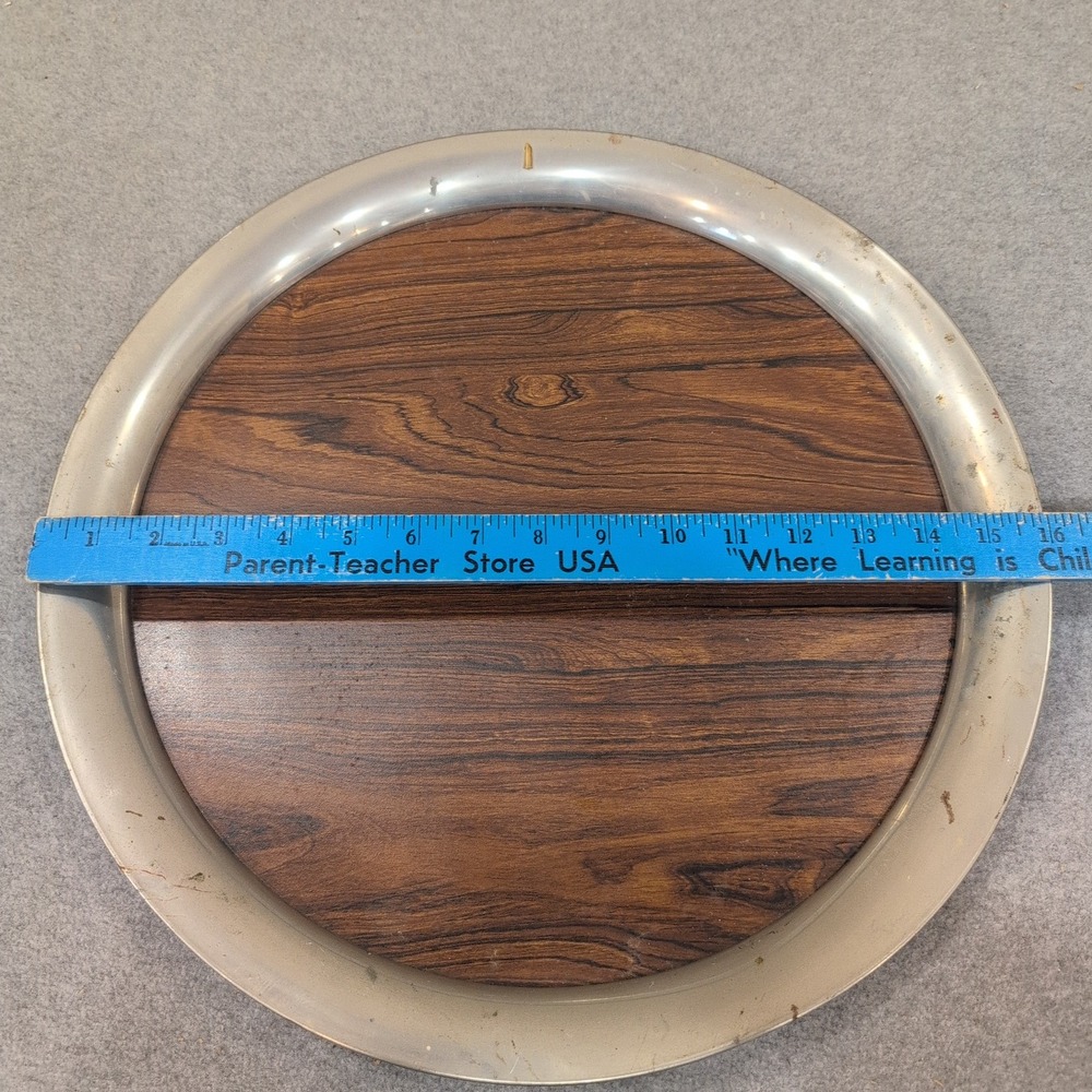 Vintage Round Wood Grain and Metal Serving Tray with Skyscraper Emblem NA307 - Picture 4 of 8